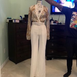 Fashion Nova Holly Sequin White Gold Jumpsuit